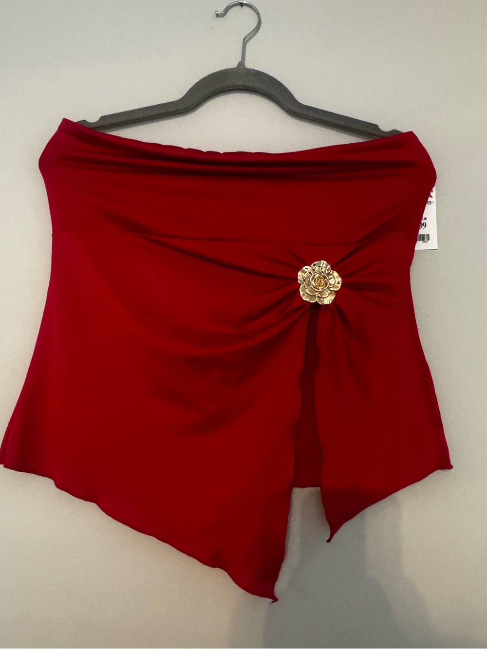 Ladies Red Strapless Asymmetric tube top with Gold Flower Accent size XL